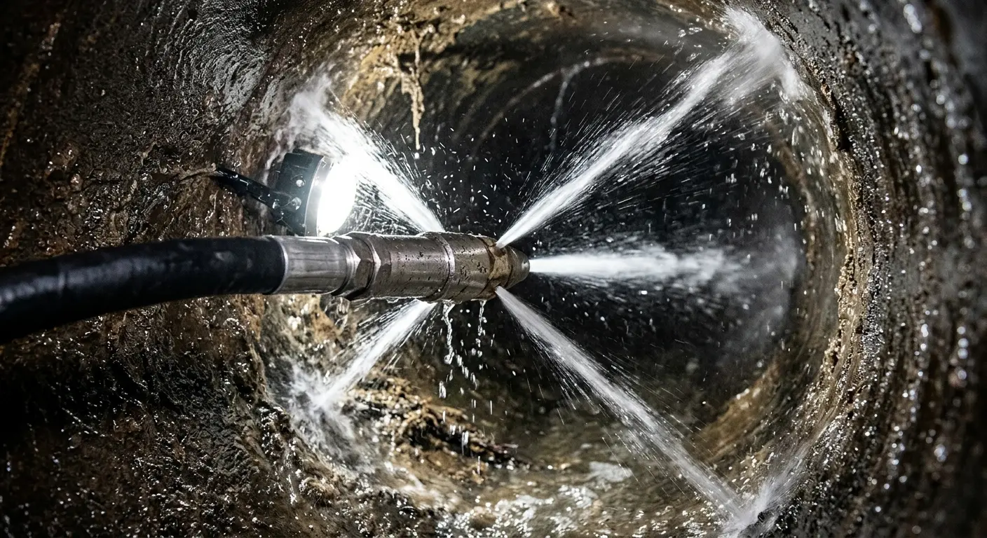 High-pressure hydro jetting nozzle cleaning sewer pipe for Trenchless Sewer Repair in West Lealman