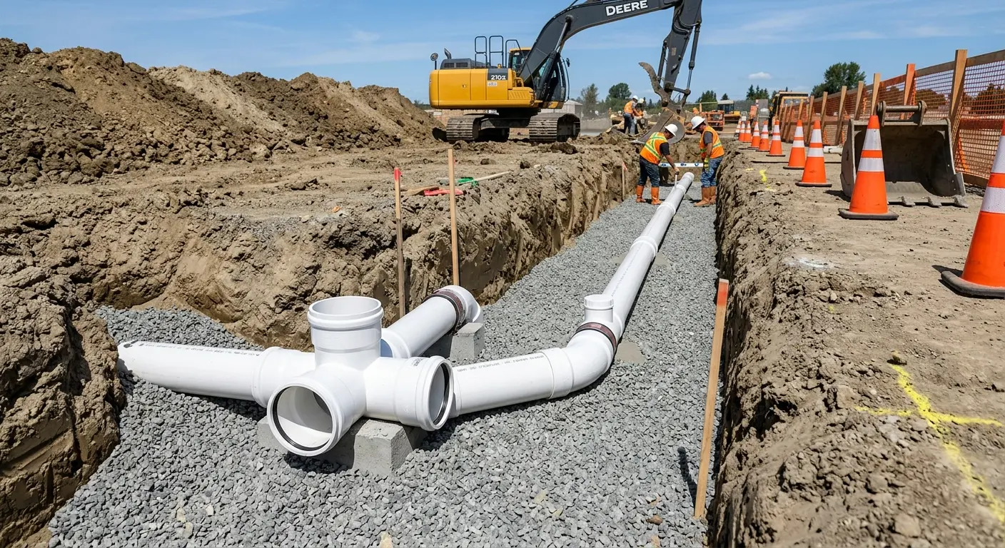 New PVC sewer pipe installation in open trench for Commercial Drain Cleaning in West Lealman