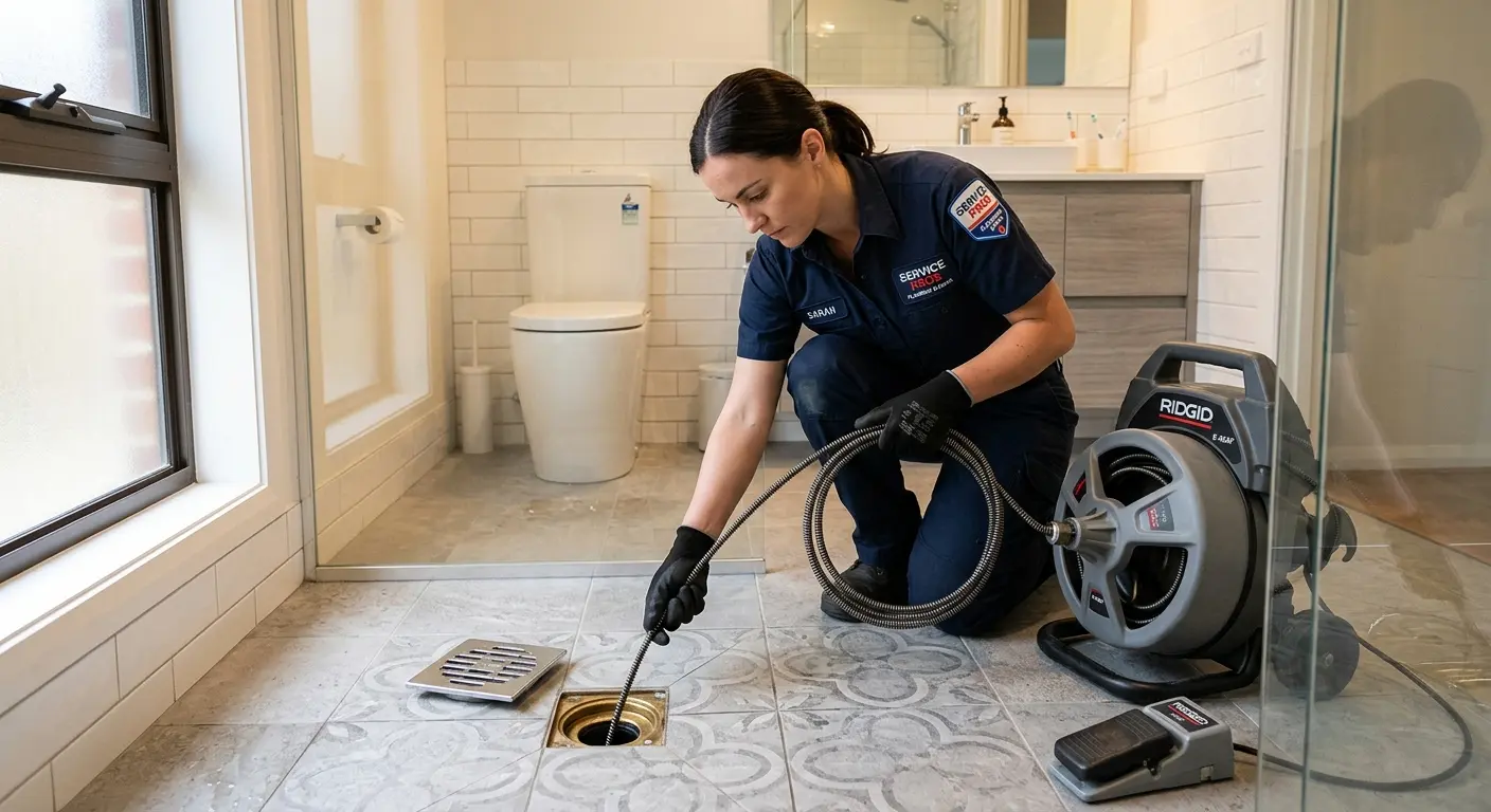 Technician clearing a bathroom floor drain for Sewer Line Replacement in West Lealman